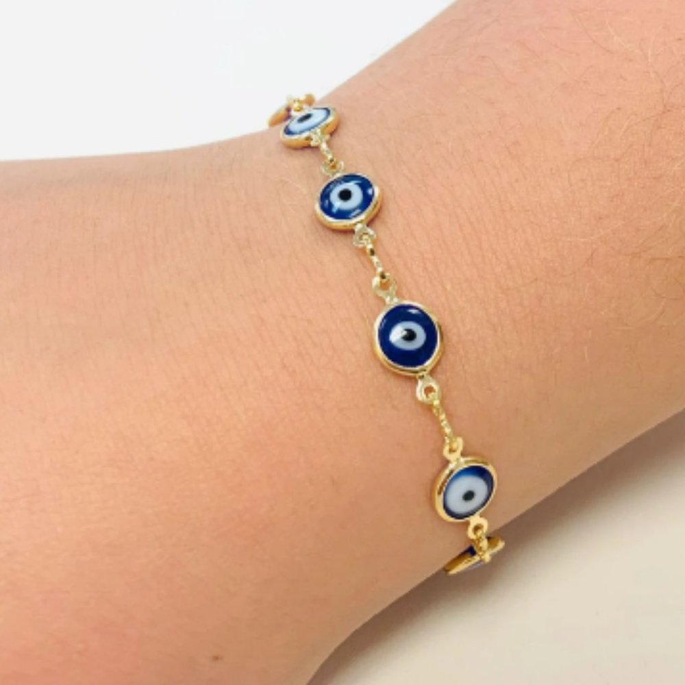 Navy Blue Evil Eye Women's Bracelet Gold F 7.5" 3.2g Good Luck Pulsera Mal Ojo